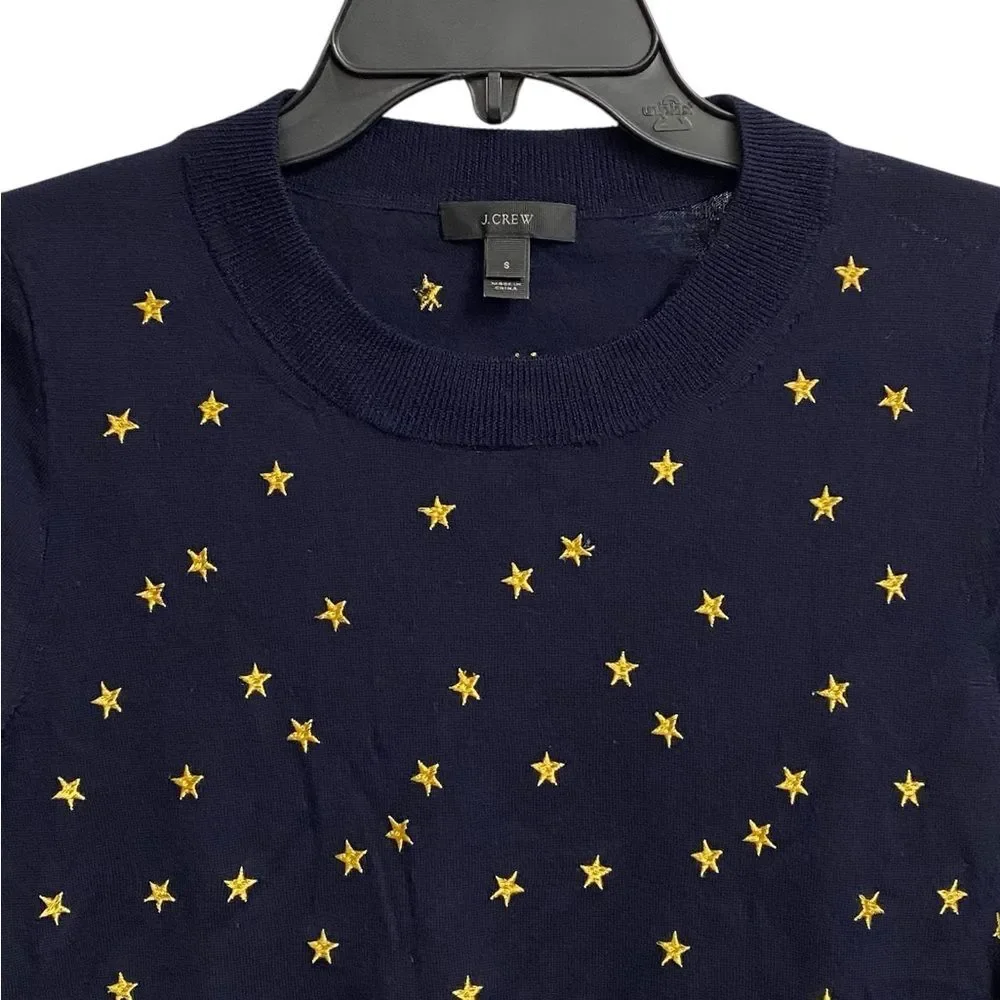 J. Crew Star Embroidered Merino Wool Sweater Women's S Navy Lightweight Preppy